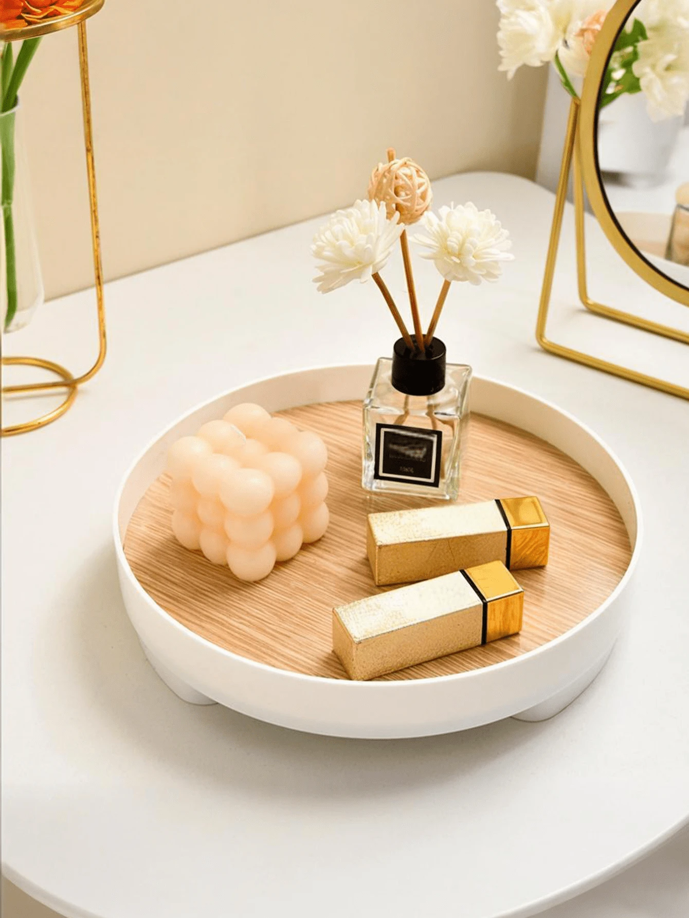 1个高品质木质多功能化妆品收纳托盘，客厅/卧室/浴室桌面整理托盘，口红/香水展示托盘，梳妆台化妆品收纳架，也适合放置植物、零食和装饰品