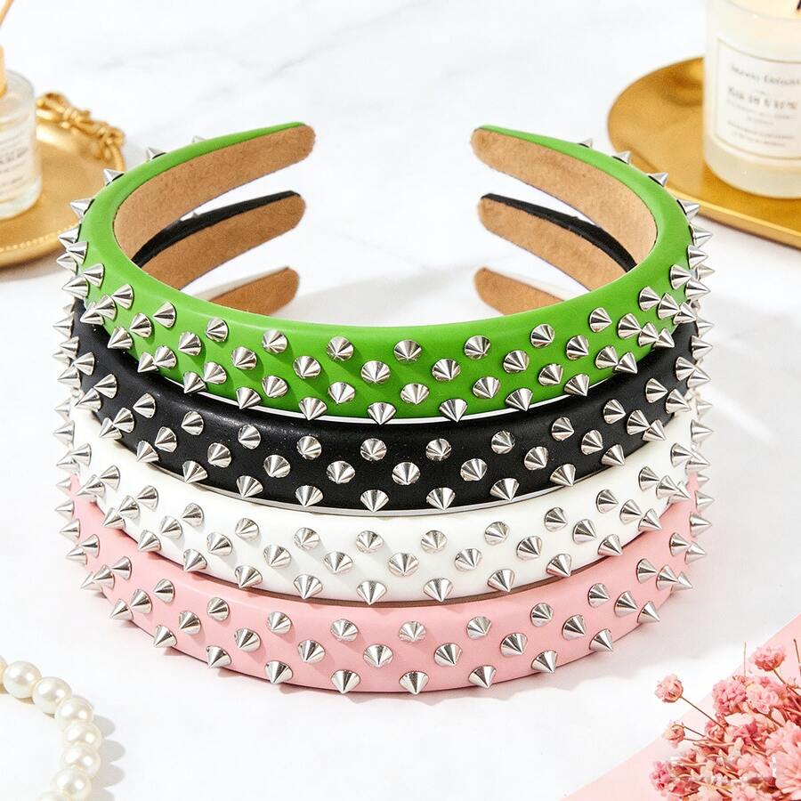 女士铆钉皮革发箍，朋克摇滚风格，银色金属铆钉点缀，Y2K哥特风发饰，适合音乐节、派对、街头服饰、角色扮演等场合，可作发带或头饰。 - 彩色 - 查看 1