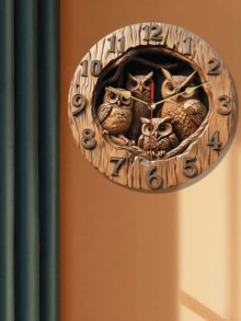 1pc Vintage Owl Wooden Round Wall Clock - 10-12 Inch Silent Non-Ticking Quartz Movement, Farmhouse Decor, Owl & Bird Nest Design, Ideal For Living Room, Bedroom, Cafe, Dining Room, Bar - Perfect Christmas Gift - Multicolor - View 2