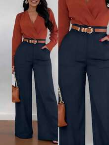 Pantalones acampanados casuales a juego de mujer, de moda y versátiles para la primavera - Azul Marino - Ver 4
