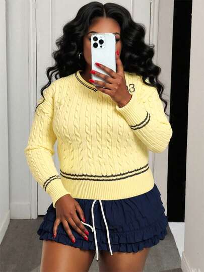 Suéter de cuello en V amarillo crema talla grande para mujer, de moda casual minimalista y versátil, con bordado digital, adecuado para uso diario, escuela, viajes, ropa de invierno para mujer, prendas de otoño, suéter de invierno para mujer, moda de otoño