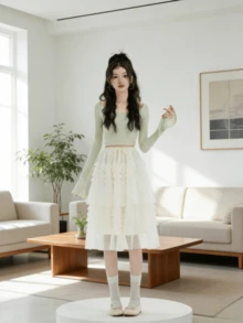 法式浪漫高腰层叠薄纱半身裙，2026 春季新款女装柔软美观百搭蓬松网纱半身裙 - 杏色 - 查看 6