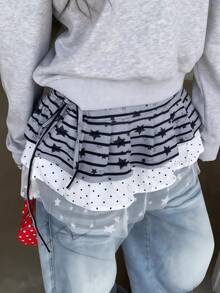 1pc Fashionable Layered Lace Hem Skirt With Star Print, Casual Waist Skirt Combination - Multicolor - View 7