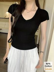 V-Neck Solid Color Slim Fit Short Sleeve T-Shirt Casual Black Summer - Black - View 2