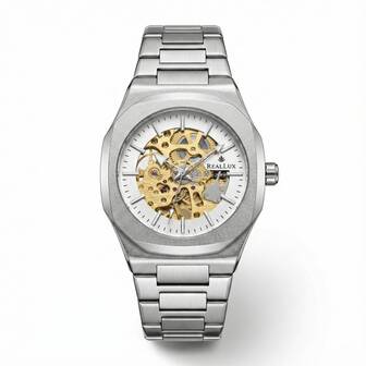 REALLUX 1pc Automatic Mechanical Watch For Men, Skeleton Dial Stainless Steel Bracelet Wristwatch, Self-Winding Movement With Visible Gears, Classic Silver Design For Business, Daily Wear, Gift Choice
