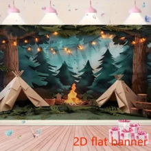 2D PlaneForest Scene With Tent, Fire Pit & String Lights | Party Backdrop | Camping Theme Decor | Versatile Decor Piece, Camping Accessories | Perfect For Parties, Photo Booths & Event Decorations - 1 Item - View 2