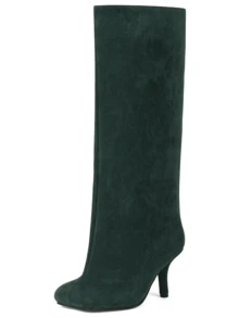 Women's Knee High Boots Slouchy Suede Stiletto Boots Kitten Heel  Wide-Calf Square Toe Long Boots Pull On Stiletto Heels Tall Boots For Women - 墨綠色 - 查看 8