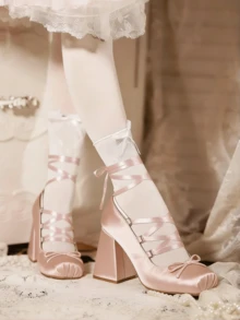 Ballet Mary Janes High Heels For Women Square Toe Satin Lace Up Ballerina Stiletto Heels With Bow Elegant Wedding Party Slingback Pump Heels For Women  - a裸色 - 查看 2