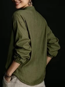 Women's Linen Solid Color Loose 3/4 Sleeve Shirt, Casual Minimalist Vacation Elegant Retro Commute Daily Versatile Collared Long Sleeve Blouse, Suitable For Spring, Summer, Autumn, Winter, Holidays, Christmas, Halloween, Back To School, Graduation, Teacher's Day, Mother's Day, Outings - Army Green - View 2