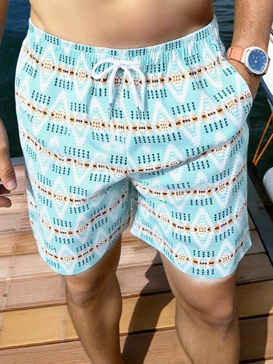 男士夏季全印花斜插口袋抽绳腰休闲度假沙滩短裤 - 綠色 - 查看 1