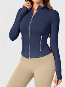 Women's Solid Color BBL Zip Up Sports Jacket With Pockets Gold Zipper High Stretch Lightweight Yoga Tennis Gym Workout Outerwear Workout Clothes Pickleball Clothes - True Navy/Gold - 查看 4