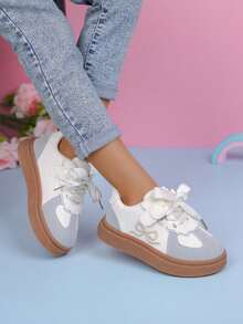 1 Pair Girls' Canvas Sneakers, New Spring/Summer Kids Sports Shoes, Big Children Soft Bottom Running Shoes - Beige - View 3