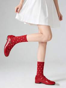 1/4 Pair Versatile Red Striped & Polka Dot Mid-Calf Socks, Autumn/Winter - Multicolor - View 9
