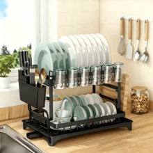 2026Valentine's Day Extra Large Dish Drying RackCutlery Holder & Auto-Draining System - Heavy-Duty Dish Drainer, Space-Saving Dish Rack With 360° Rotating Spout & Non-Slip Feet, Fits Over Sink Or Cabinet, Holds 10 Plates, 6 Bowls, 6  Spoons/Forks - 黑色 - 查看 1