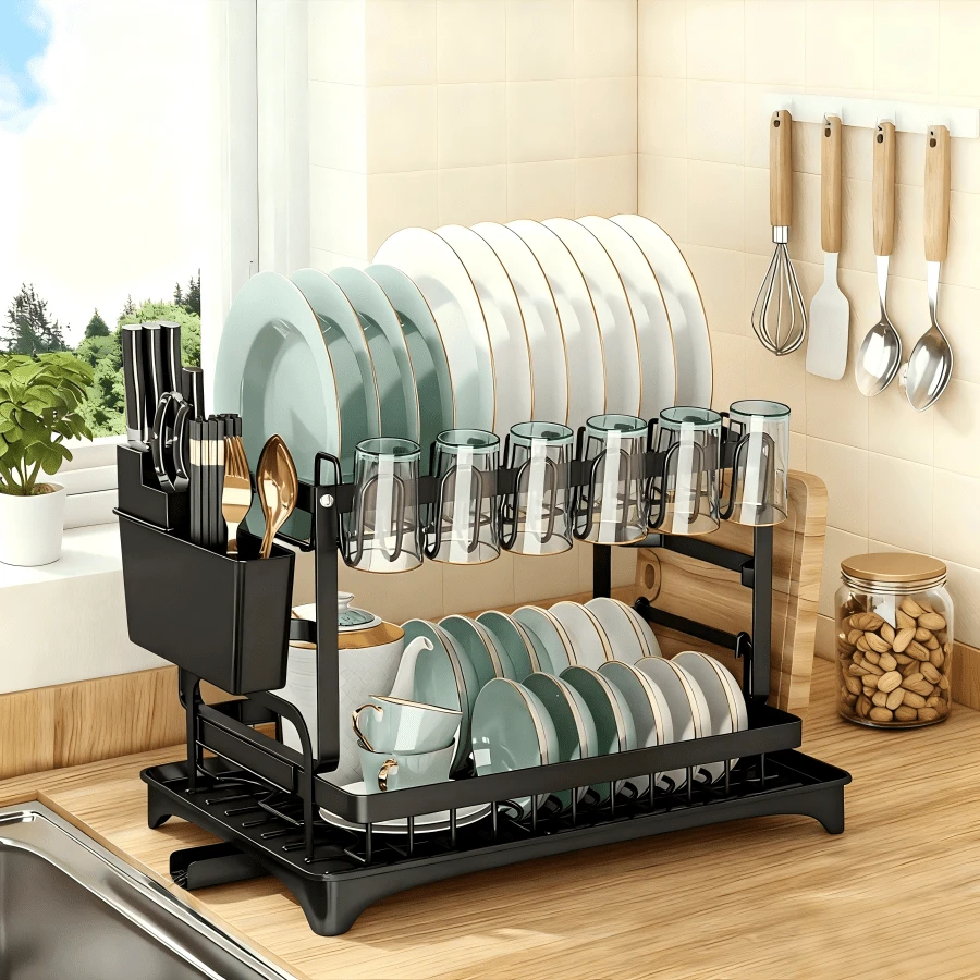 2026Valentine's Day Extra Large Dish Drying RackCutlery Holder & Auto-Draining System - Heavy-Duty Dish Drainer, Space-Saving Dish Rack With 360° Rotating Spout & Non-Slip Feet, Fits Over Sink Or Cabinet, Holds 10 Plates, 6 Bowls, 6  Spoons/Forks - 黑色 - 查看 1