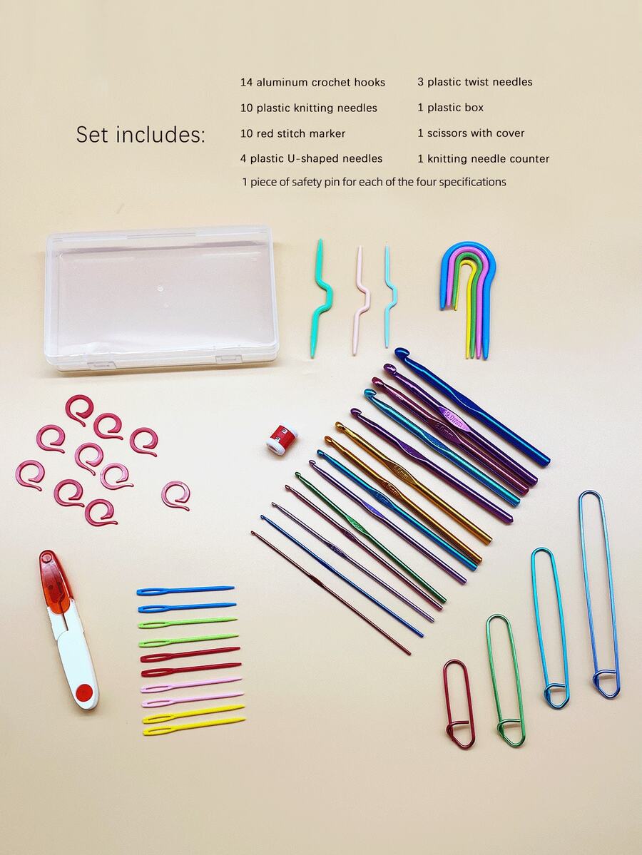 All-In-One Crochet Starter Kit: Includes 14 Aluminum Crochet Hooks (Size 2.0mm-10.0mm), 7pcs Cable Needles, Aluminum Stitch Markers, Red Yarn Scissors, Row Counter, And 10pcs Stitch Markers, Perfect Gift For Crochet Lovers - Multicolor - View 1