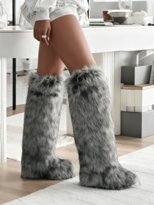 EdgyElongate Women's Winter Christmas Fur Boots Fuzzy Fluffy Round Toe Suede Booties Flat Heel Slip On Furry Snow Boots Fashion Warm Fluffy Shoes - 灰色(2) - 查看 6