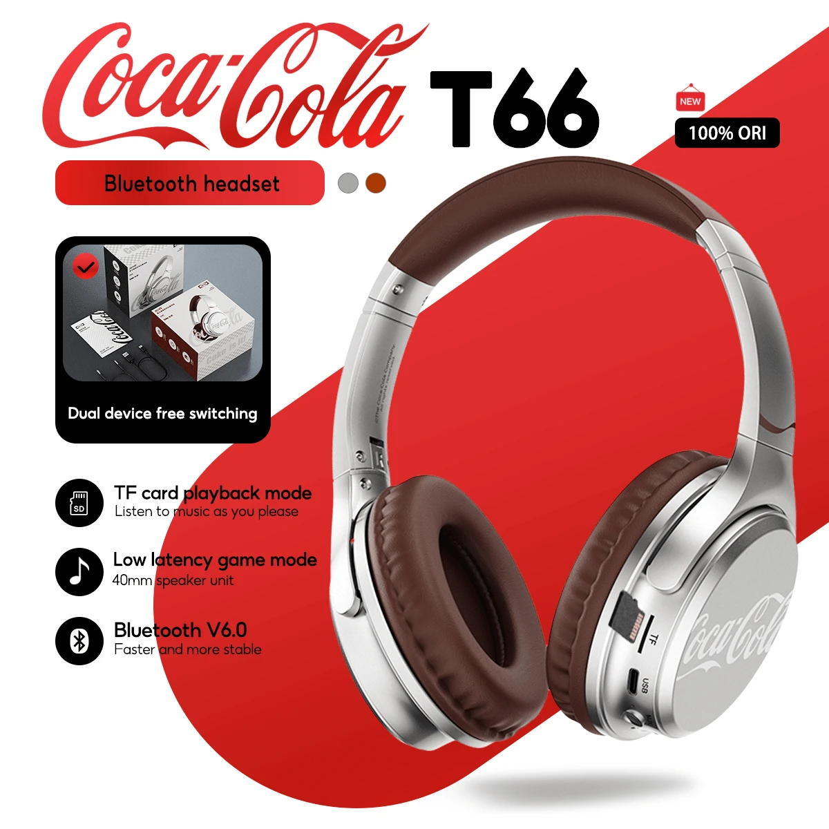 Coca Cola 可口可乐 T66 复古蓝牙耳机 V6.0 无线耳塞式头戴耳机带麦克风 - 均碼 - 查看 1
