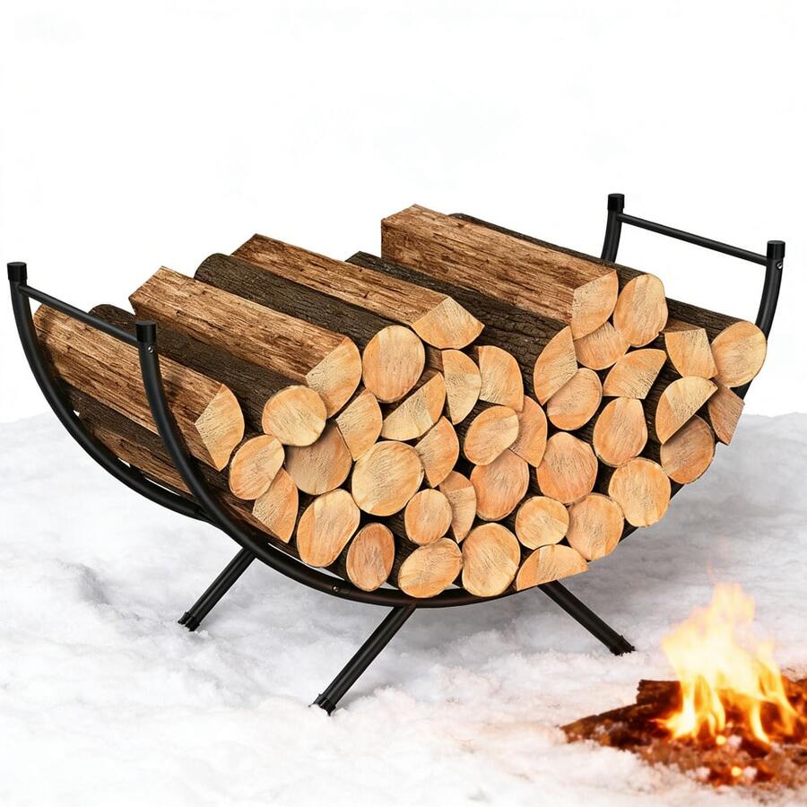Estantería curva para leña, estantería de almacenamiento de leña para interiores/exteriores, estantería de almacenamiento de leña de metal duradero para chimenea, espacio ordenado y organizado que ahorra espacio - Negro - Ver 1