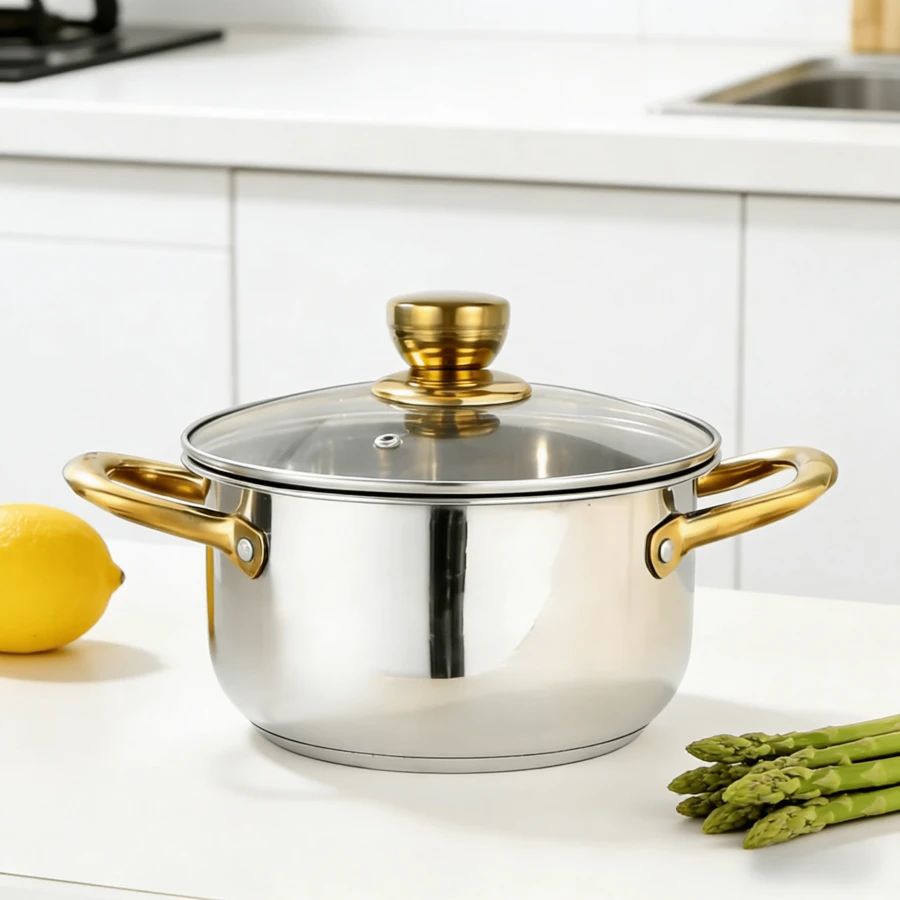 24厘米高品质金色锅，304不锈钢材质，三明治式锅底，易于清洗，是节日礼物和家庭厨房的理想之选。 - 金色 - 查看 1