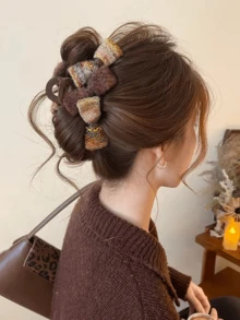 1个复古蝴蝶结针织发夹，优雅发爪，适合盘发造型的女士发饰，冬季发饰，女士发爪夹 - 棕色 - 查看 4