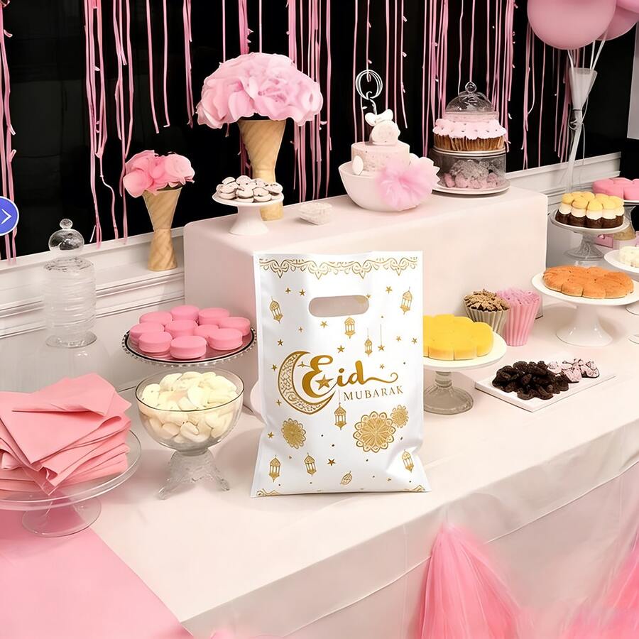 10个白色中秋节卡通糖果袋，PE材质礼品袋，月亮城堡礼品袋，节日礼品零食包装袋 - 白色 - 查看 1