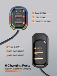 REMAX Carregador veicular USB-C de 98 W com 6 portas de carregamento rápido, essencial para viagens longas, compatível com iPhone 16, 15 Pro Max, 14, iPad S24, S25 e tablets alugados, cabo de extensão de 1,5 m para carregamento, acessórios veiculares práticos e essenciais para viagens. - YQ1 - Ver 10