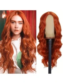 【高温丝假发】26英寸长高温丝假发 - 橙色卷曲波浪中分假发 - 合成纤维，适合角色扮演和日常佩戴，也适合家庭聚会、节日、派对、角色扮演、情人节等场合。 - 亮橙色 - 查看 2