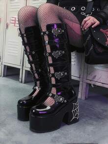 Y2k Style Women's Knee High Boot Solid Color  Buckle Round Toe Punk Motorcycle Nightclub Cosplay Shoes - 黑色(2) - 查看 6