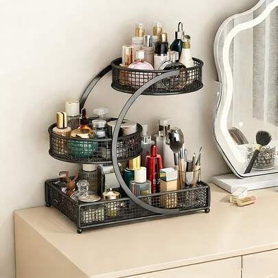 1 Piece 3 Tier Round Metal Storage Rack - No Assembly Required, Polished Surface, Multi-Tier Metal Cosmetic Organizer Modern Storage Rack For Skincare Products Lipstick Bathroom Countertops No Tools Required, Fruit And Vegetable Basket, Kitchen Storage Solutions | Fashion Organizer | Mesh Design, Kitchen Organizer And Storage Home Daily Perfect Gift