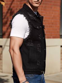 247 Men's Sleeveless Denim Vest - Black Distressed Casual All-Season Jacket, Raw-Edge Hem And Chest Button Pocket, Cotton Relaxed Fit, Suitable For Motorcycle Riding Or Punk Style, Casual Wear Vest | Button Closure Design, Heavyweight Denim Fabric - 黑色 - 查看 3