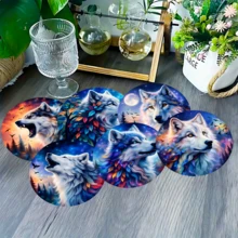 6pcs Siberian Wolf Pattern Coaster Set, Home Decor Absorbent Silica Gel Coasters For Tea Cup, Water Glass, Wine Glass, Coffee Mug, Suitable For Home, Party, Kitchen Accessories, All Season Decoration - Multicolor - View 4