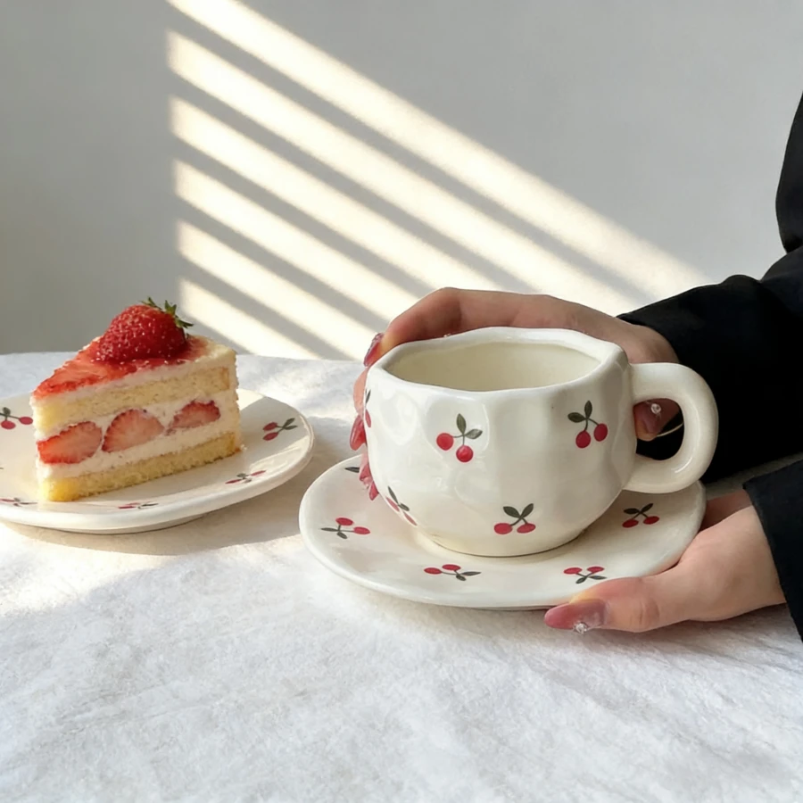 1 set tasse à café et soucoupe coréen mignon, en céramique, style minimaliste, article ménager, tasse à eau, latte de bureau, grande tasse à café, convient pour le matcha, le cold brew, le thé du Moyen-Orient, le café arabe, la grande tasse à café américaine, excellent cadeau pour les amis et la famille