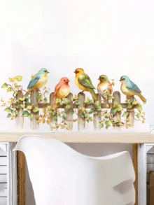 1pc Cute Cartoon Bird, Fence, Tree Leaves Wall Sticker, Removable Matte Self-Adhesive Wall Decal For Bedroom, Living Room, Home Decor, Spring Decoration, Gift For Birthday, Graduation - Multicolor - View 3