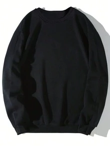 Sudadera holgada de manga larga con cuello redondo y unicolor para hombres de talla grande - Negro - Ver 4