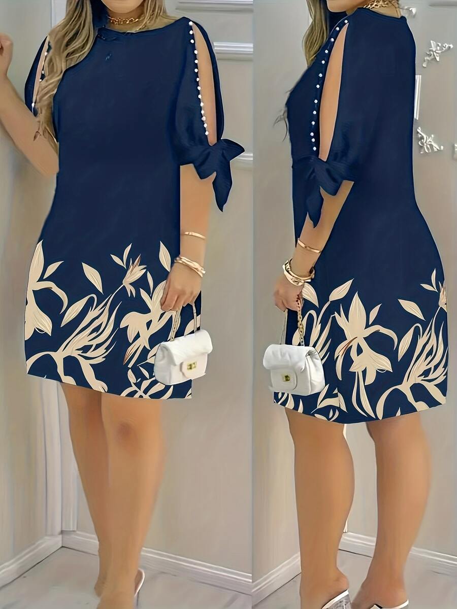 Floral Print Ruffle Sleeve Faux Pearl Embellished Women's Spring/Summer Dress, Suitable For Spring Break, Casual Daily Wear, Home, And Various Gatherings Elegant - Navy Blue - View 1