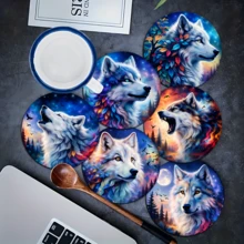 6pcs Siberian Wolf Pattern Coaster Set, Home Decor Absorbent Silica Gel Coasters For Tea Cup, Water Glass, Wine Glass, Coffee Mug, Suitable For Home, Party, Kitchen Accessories, All Season Decoration - Multicolor - View 1