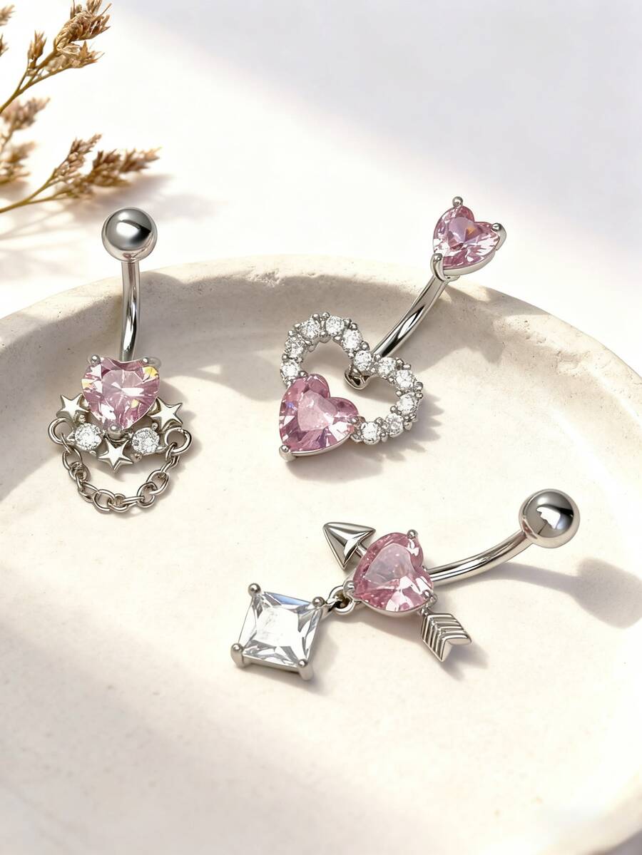 3pcs Women's Sexy Luxury Heart-Shaped Navel Rings, Suitable For Daily Wear, Party, Beach Vacation Outfits
