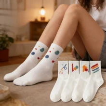 5/10 Pairs Women's Socks, Breathable & Comfortable, Sweet Style Mid-Rise Design, Fashionable Ruffle Trim, Graffiti Pattern, Japanese Knee-High Autumn/Winter Socks - Multicolor - View 4