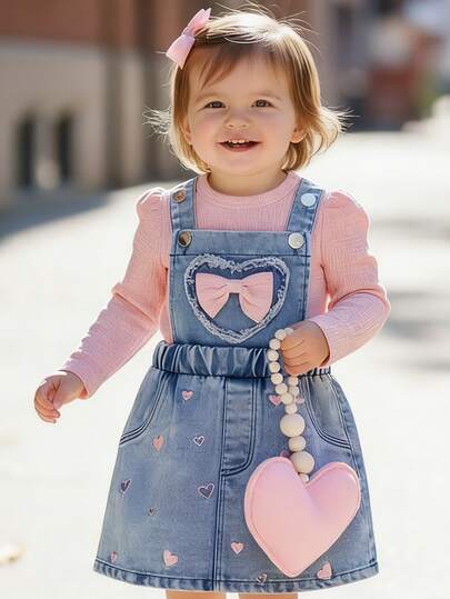 2pcs Baby Girls' Outdoor Casual Party Gift Woven Fabric Fitted Long Sleeve Top & Adjustable Strap Denim Shorts Set, Spring/Autumn