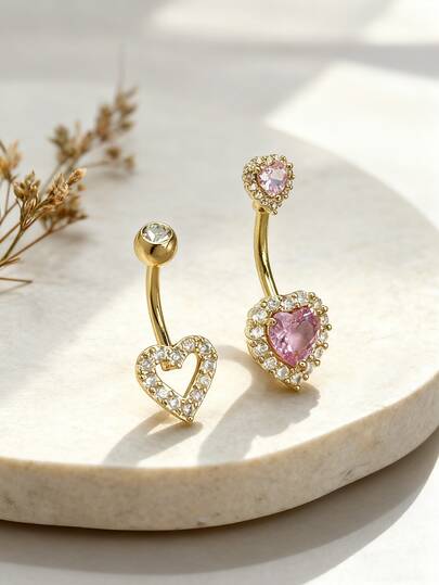2pcs Women's Sexy Glamorous Heart Zirconia Navel Piercing Jewelry, Suitable For Daily Wear, Valentine's Day Gift Set