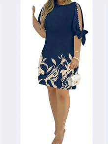 Floral Print Ruffle Sleeve Faux Pearl Embellished Women's Spring/Summer Dress, Suitable For Spring Break, Casual Daily Wear, Home, And Various Gatherings Elegant - Navy Blue - View 3