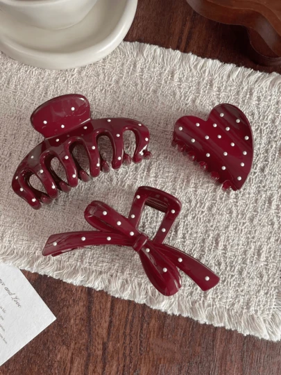 3pcs Red Polka Dot Cute Hair Clips, Large Size Versatile Bun Clips, High-Quality Hair Accessories, Suitable For Thick Hair, Daily Wear, Parties, Weddings, Valentine's Day Women Hair Claws Elegant Claw Clip