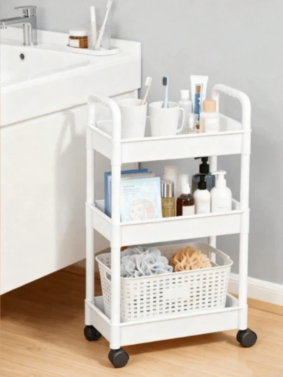 1 pieza Carrito de almacenamiento móvil pequeño, 1 pieza Estantería de almacenamiento de plástico con cesta de malla, con un estilo minimalista y fresco, con ruedas giratorias y asa, adecuado para organizar y almacenar artículos en el baño, la cocina, la sala de estar, el dormitorio y transportar aperitivos, proporcionando una solución conveniente para ordenar el espacio del baño diario. Accesorios de baño