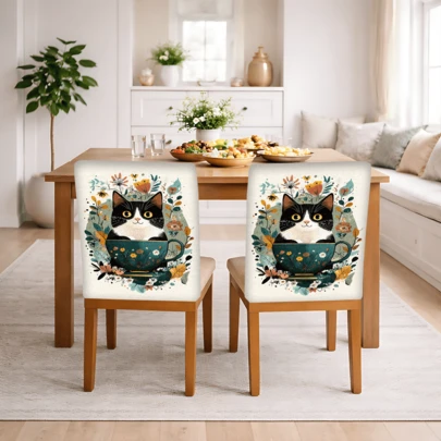 2/4/6 Stücke Katzenmuster Leinen Stuhlbezüge, geeignet für Heimdekoration, Wohnzimmer, Esszimmer, Garten, Hotel, Party, waschbares Polyestermaterial Sitzkissenbezüge
