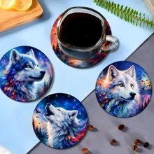 6pcs Siberian Wolf Pattern Coaster Set, Home Decor Absorbent Silica Gel Coasters For Tea Cup, Water Glass, Wine Glass, Coffee Mug, Suitable For Home, Party, Kitchen Accessories, All Season Decoration - Multicolor - View 9