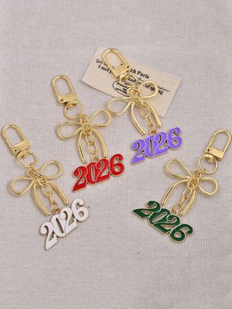 1pc/6pcs New Year Celebration Bow Tie 2026 Digit Keychain, Cartoon Oil Drop Multicolor Creative Cute Metal Pendant, Suitable As Keyring, Bag Charm, For Men, Women, Teens, Daily Wear, New Year Gift, Friend Gift