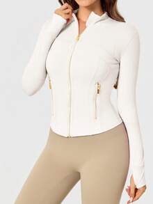 Women's Solid Color BBL Zip Up Sports Jacket With Pockets Gold Zipper High Stretch Lightweight Yoga Tennis Gym Workout Outerwear Workout Clothes Pickleball Clothes - Ngà voi/Vàng - Xem 3