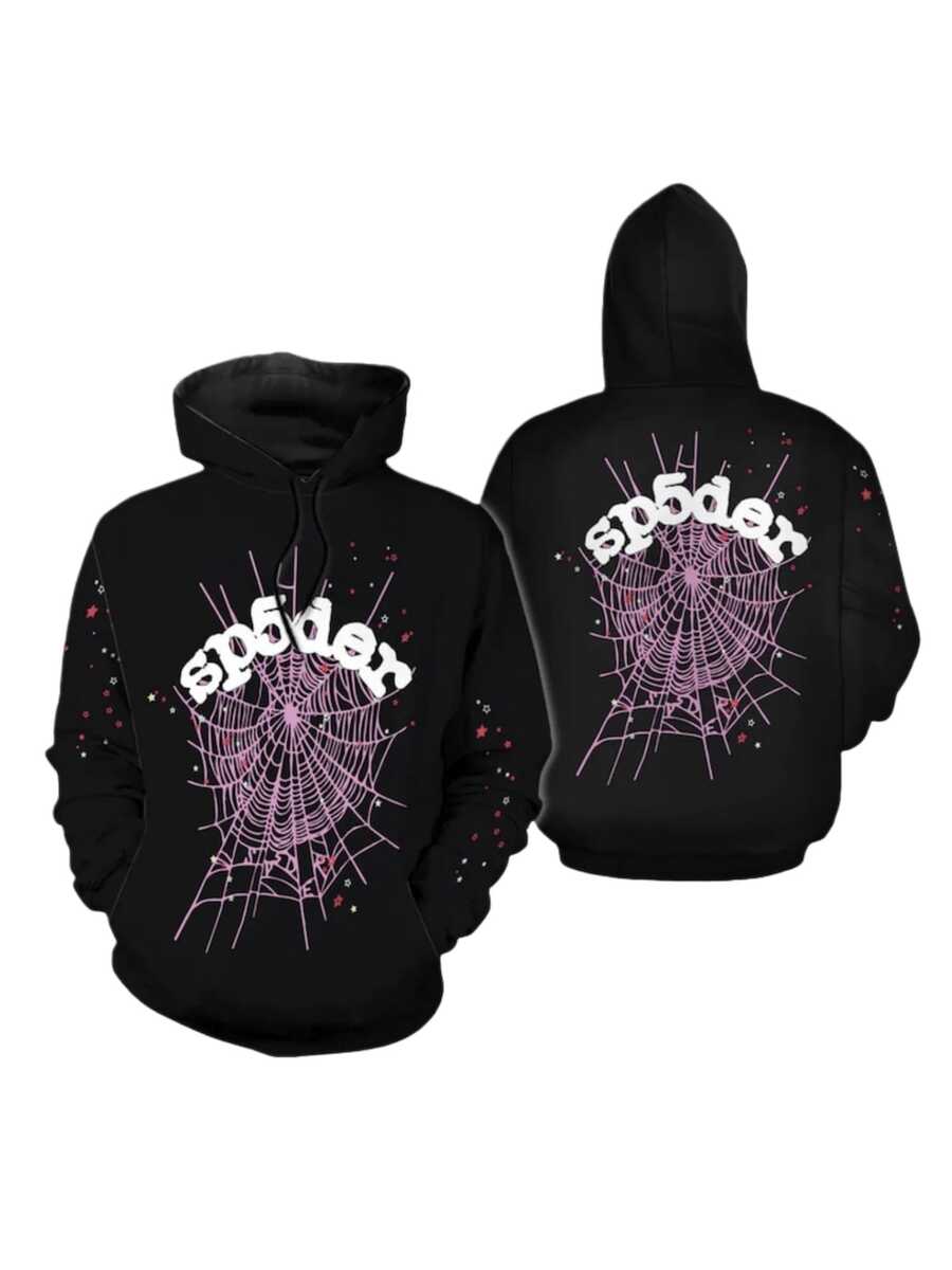 Black Spider Web Hoodie With  Text, Unisex Streetwear Pullover, Front And Back Pink Web Graphic, Cozy Pocket, Goth Y2K Gift - 彩色 - 查看 1
