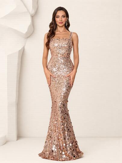 Women's Elegant New Sparkling Sequin Spaghetti Strap Square Neck Backless Mermaid Style Sexy Dress, Suitable For Birthday Party, Wedding, Cocktail Party, Prom, Festival, Banquet, Date, Vacation, Graduation, Coming Of Age Ceremony, Bridesmaid Dress